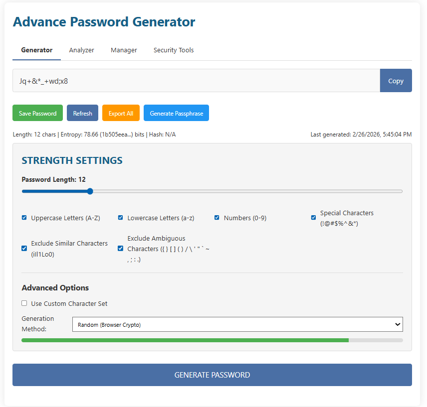Generator tab showing a generated password field, Copy button, and action buttons like Save Password, Refresh, Export All, and Generate Passphrase.