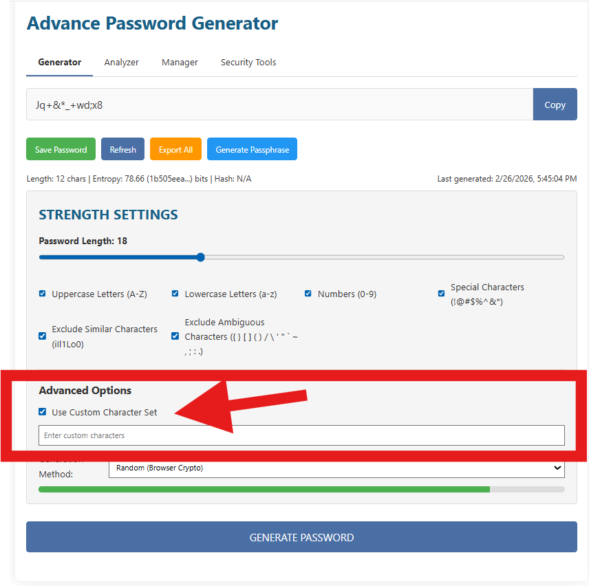 Advanced Options section highlighted showing 'Use Custom Character Set' with an input field for custom characters.