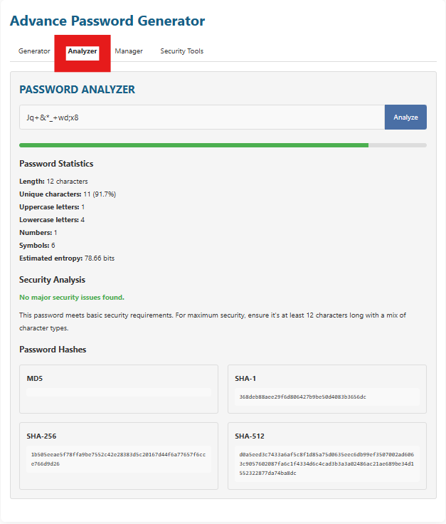 Analyzer tab showing password analyzer input field, Analyze button, password statistics, and security analysis message.