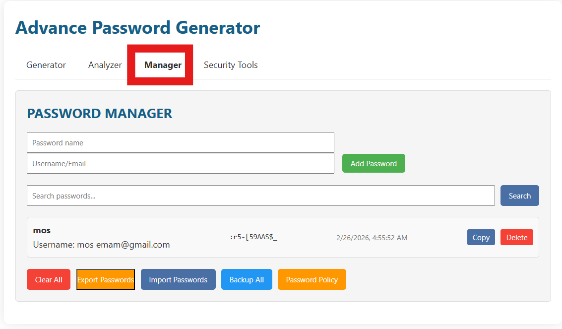 Manager tab showing Password Manager section with input fields for password name and username/email, plus Add Password button and list of saved items.