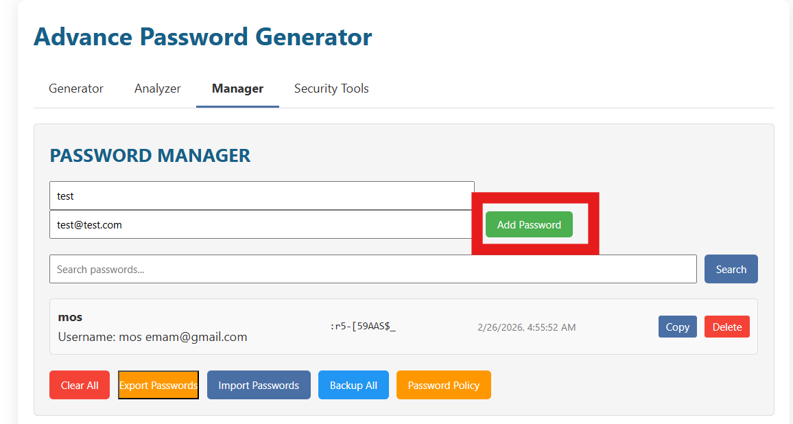 Manager tab highlighting Add Password button with example inputs test and test@test.com.